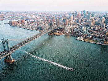 Aerial view of manhattan bridge over east river