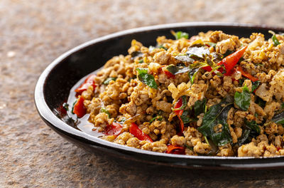 High angle view of food in plate on table