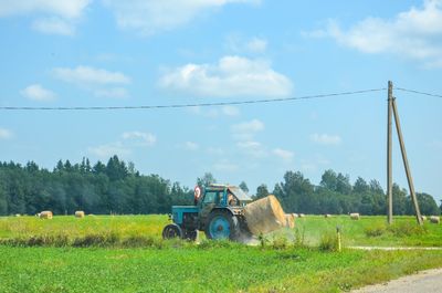People working on agricultural field against sky