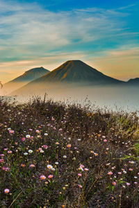 Scenic view of mountains against sky during sunset