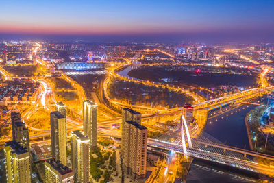 Urban night cityscape, sunset aerial shot of tianjin city