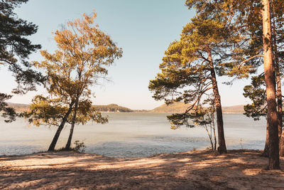 Scenic view of lake against clear sky