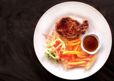 High angle view of food in plate on table