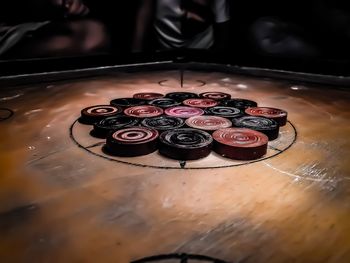 High angle view of red wine on table