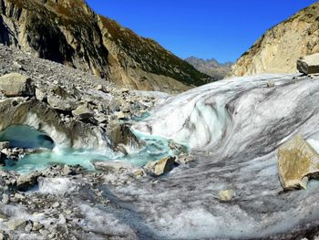 Scenic view of frozen lake against mountain range