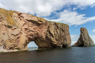 Rock formations by sea against sky