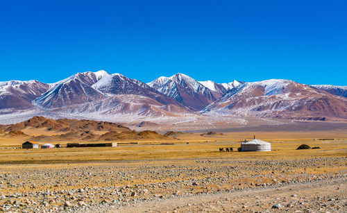 Scenic view of snowcapped mountains against blue sky