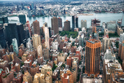 High angle view of modern buildings in city