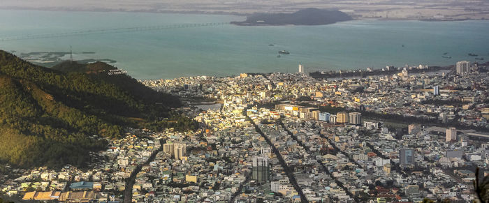 High angle view of city at seaside