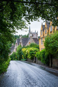 Road amidst trees and buildings against sky