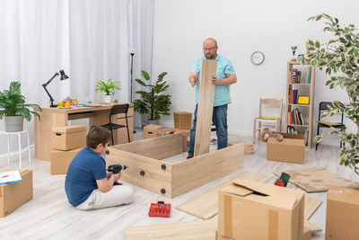 High angle view of man working at home