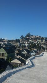 Distant view of town against clear blue sky