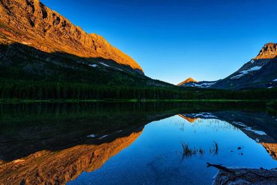 Scenic view of lake and mountains against blue sky