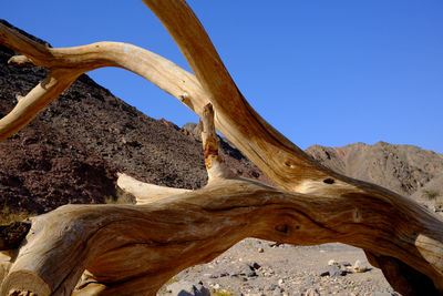 Low angle view of rock formations against clear blue sky