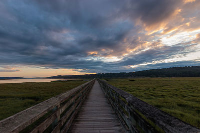 View of empty road on field against sky at sunset