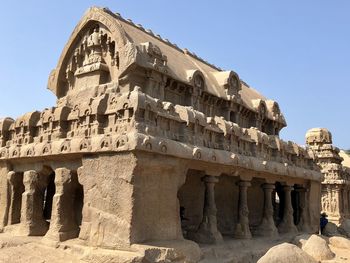 Low angle view of old temple against clear sky