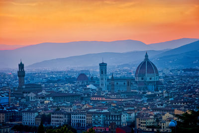 High angle view of cityscape against sky during sunset