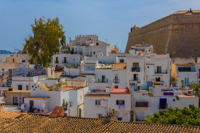 Buildings in city against clear sky