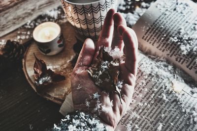 High angle view of person hand holding dry leaf and snow on table