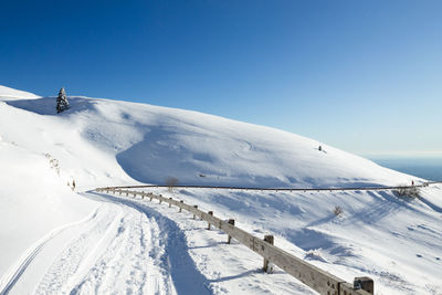 Snow covered landscape against clear blue sky