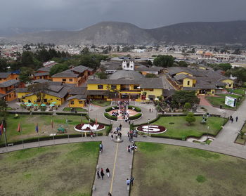 High angle view of mitad del mundo, pichincha, equador against sky