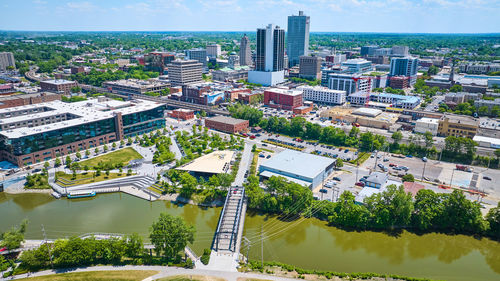 High angle view of buildings in city