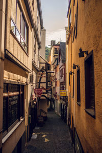 Narrow street amidst buildings in city