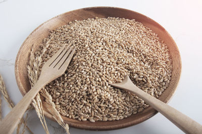 High angle view of bread in bowl against white background