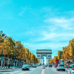 Cars on road by trees against sky