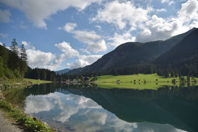 Scenic view of lake and mountains against sky