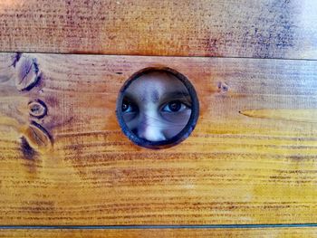 Portrait of girl looking through hole in wood