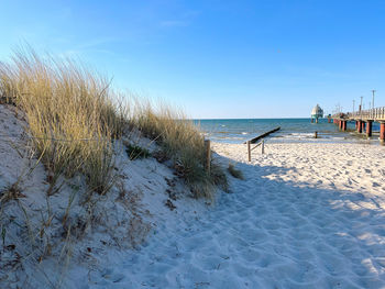 Scenic view of beach against clear blue sky