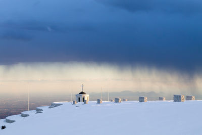 Snow covered landscape against sky