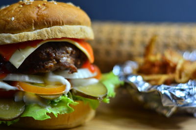 Close-up of burger on table