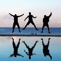 Low angle view of silhouette people at beach during sunset