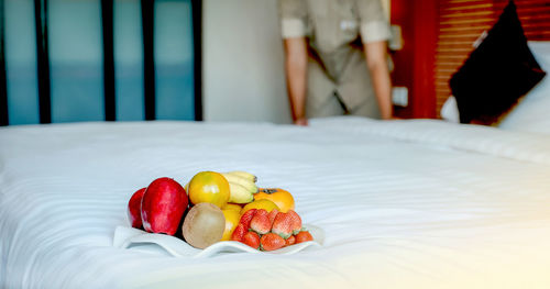 Close-up of chopped fruits on table