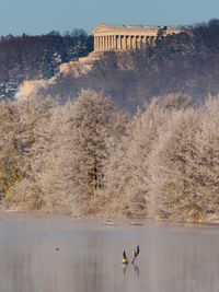 View of a lake with a building in the background