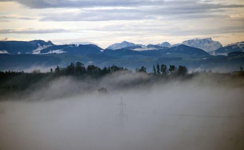 Scenic view of mountains against cloudy sky