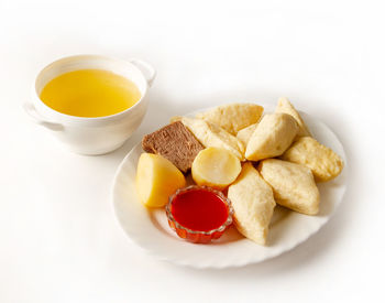 High angle view of breakfast served on table