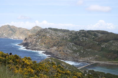 Scenic view of sea and mountains against sky