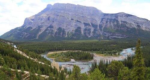 Scenic view of lake and mountains against sky