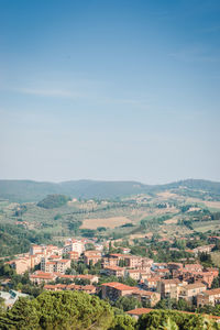 High angle view of buildings against sky