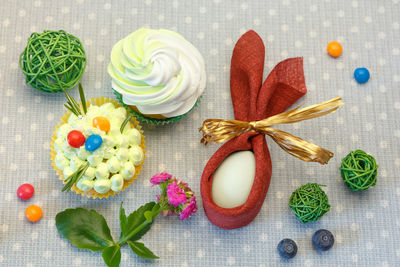 High angle view of multi colored candies on table