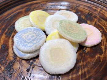 High angle view of cookies on table