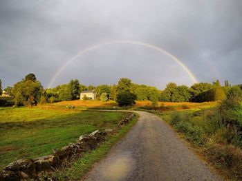 Scenic view of rainbow over field against sky