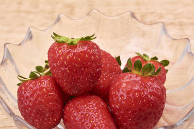 High angle view of strawberries on table