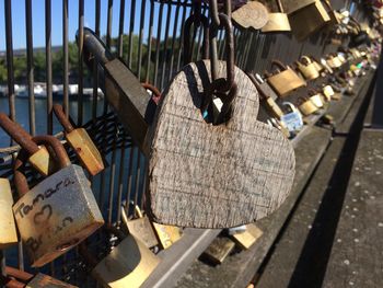 Close-up of padlocks on metal