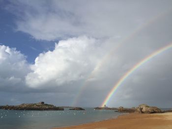 Scenic view of sea against cloudy sky with rainbow