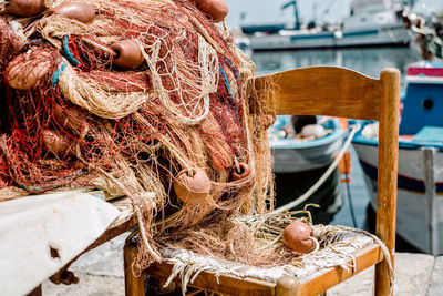 Close-up of fishing net in boat