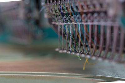 Close-up of colorful threads in sewing machine